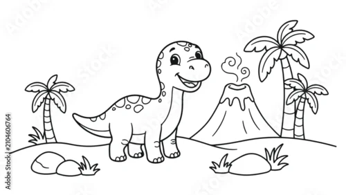 Fototapeta na wymiar Cute cartoon dinosaur coloring page for kids prehistoric landscape with volcano and palm trees vector illustration