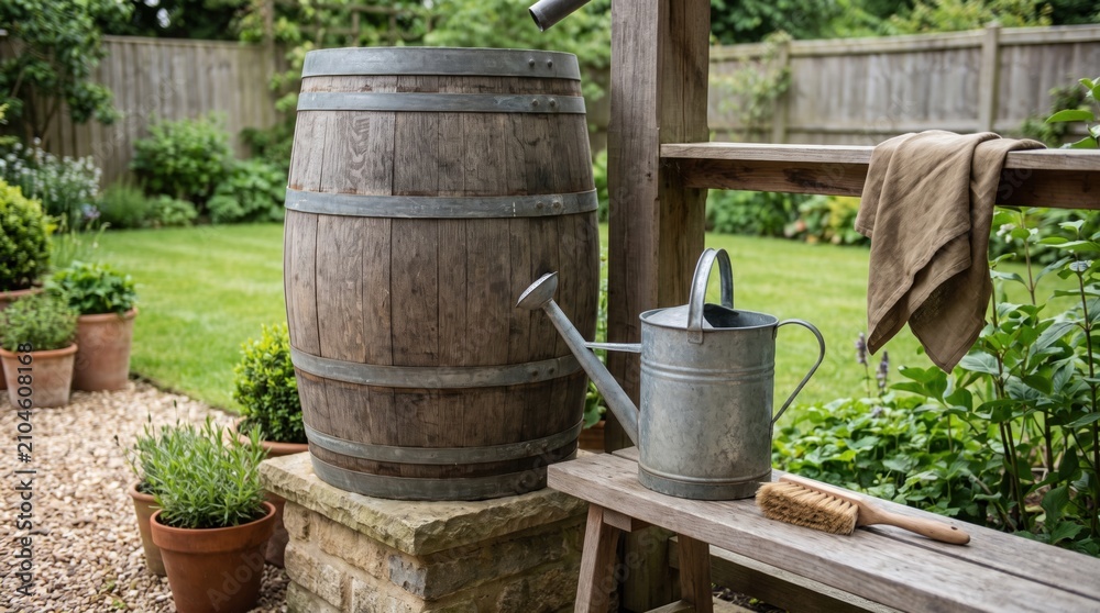 Fototapeta premium Rustic wooden rain barrel and a galvanized watering can in a green garden