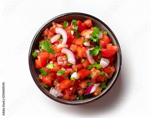 pico de gallo fresh and vibrant in a bowl top down view isolated on white background traditional mexican salsa concept design for cookbook recipes and healthy eating guides