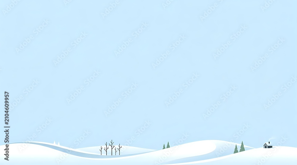 Fototapeta premium Minimalist winter landscape with rolling snow hills, evergreen trees, and distant figures, suitable for seasonal backgrounds and holiday designs.