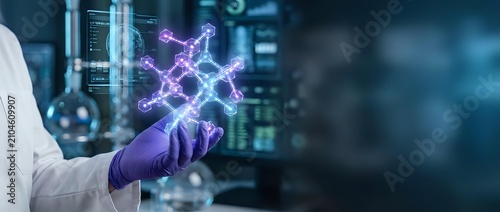 Scientist in white lab coat and purple gloves holding glowing molecular structure hologram in modern laboratory with data screens, representing biotechnology research and innovation.