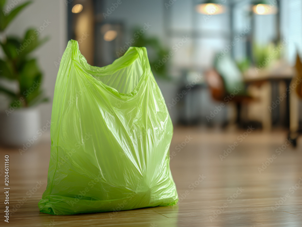 Obraz premium A bright green plastic shopping bag placed on a wooden floor in a modern office environment with blurred furniture and plants in the background