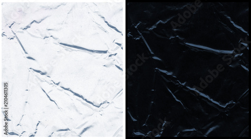 Foto Crumpled plastic texture background, set of white and black wrinkled cellophane