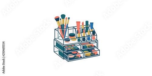 Clear acrylic makeup and cosmetic organizer with various beauty supplies.
