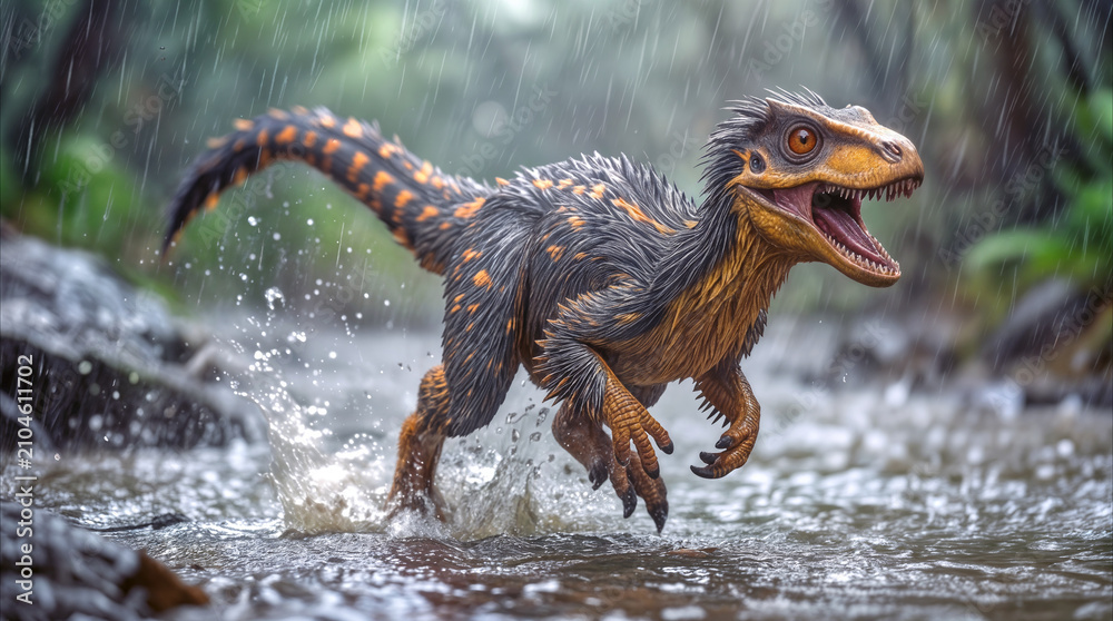 Naklejka premium Velociraptor running through shallow river during heavy rain. Feathered dinosaur hunting in prehistoric jungle environment.