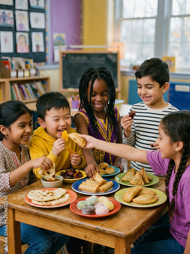 Diverse group of elementary school children sharing snacks and laughing together at a wooden table in a colorful classroom setting.