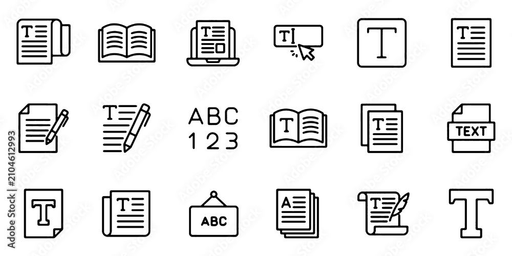 Fototapeta premium Text Icons Set. Typography, Writing, Document, Editing and Communication Line Vector Illustration.