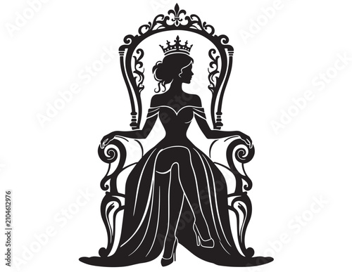 Queen seated on throne black silhouette against a white background