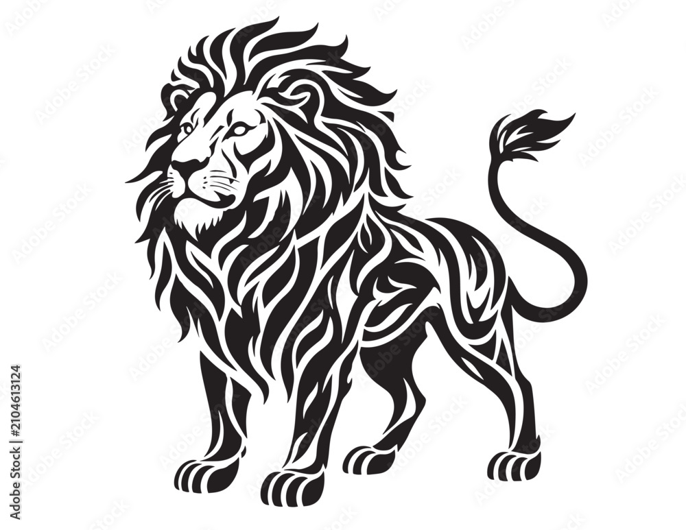 Obraz premium Black and white vector illustration of a standing lion with ornate details