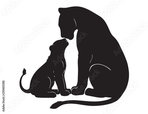 Canvastavla Lion couple silhouette with male and female figures against a white background