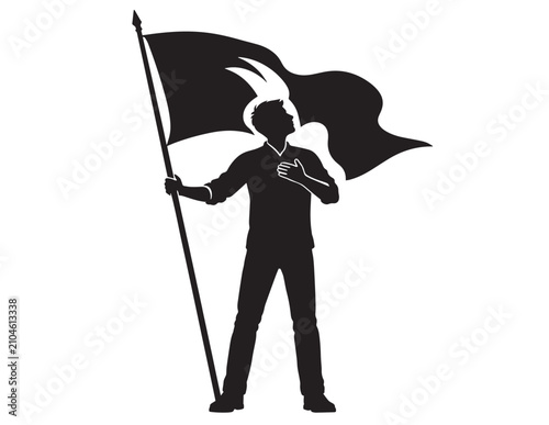Фотография Silhouette of soldier holding flag with hand over heart black vector