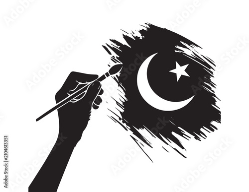 Cuadro en lienzo Hand painting silhouette of pakistan flag with brushstroke effect on white