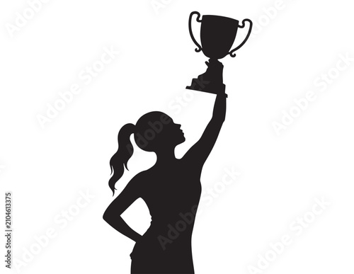 Silhouette of a woman holding a trophy against a white background