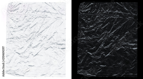 Foto Crumpled plastic wrap texture set, wrinkled cellophane film overlay on black and