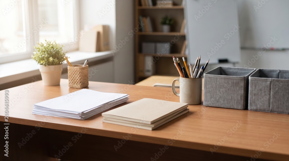 Fototapeta premium Organized office desk with blank documents notebooks pens and storage bins
