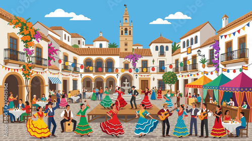 Spanish Fiesta Celebration with Flamenco Dancers in Historic Town Square