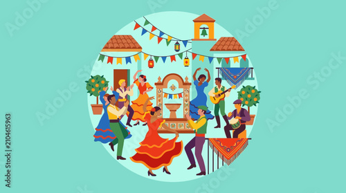 Spanish Fiesta Celebration with People Dancing Flamenco and Playing Music