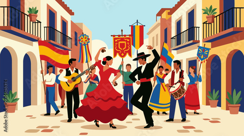 Spanish Flamenco Dancers Performing in Traditional Festival Street Parade