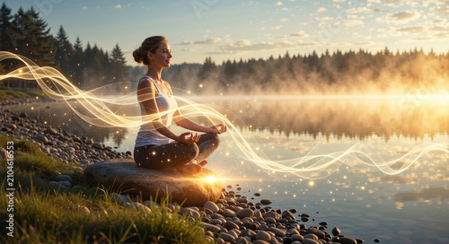 Woman meditating on a pebble shore with golden energy trails. Spiritual healing and mindfulness concept. Yoga practice by a misty lake at sunset