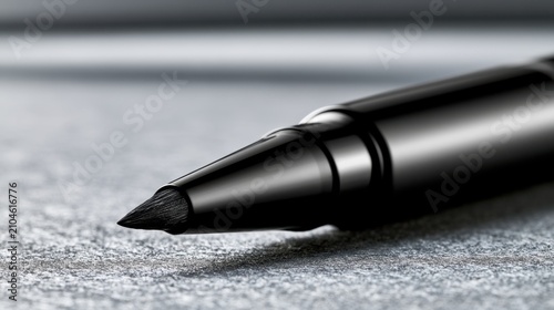 Macro shot of a black felt tip marker pen tip resting on textured gray paper surface with fine detail and soft natural lighting effect