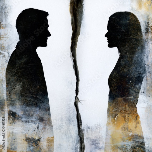 Artistic depiction of a man and woman facing each other divided by a cracked wall symbolizing emotional separation or conflict between the two figures in contrasting
