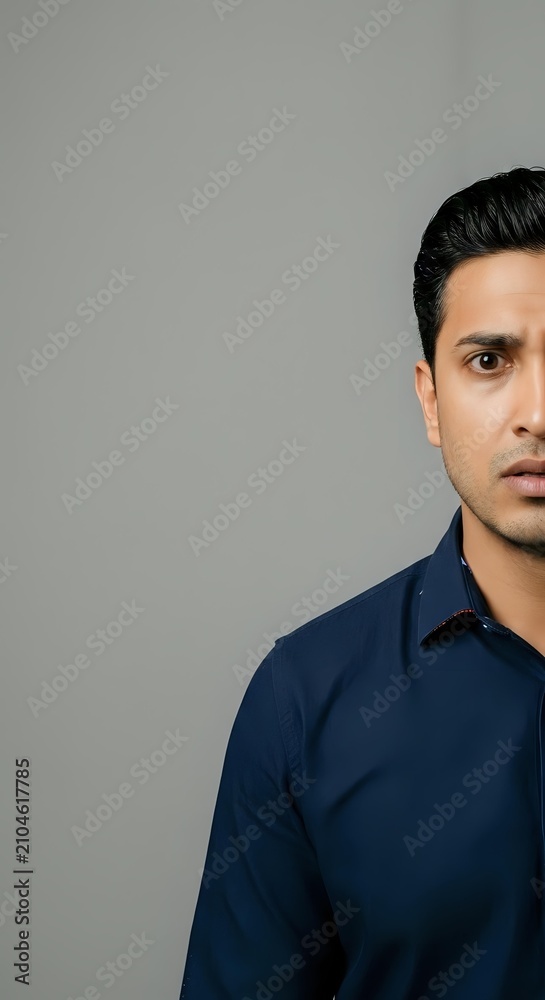 Obraz premium Young Middle Eastern man wearing navy blue shirt against neutral gray background, professional headshot for corporate and business applications.