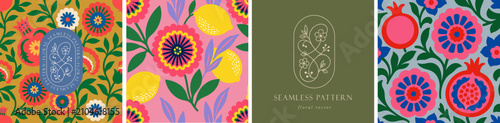 Floral seamless pattern. Vector bold naive abstract illustrations of stylized flowers, pomegranate, lemons and leaves for background, packaging, wrapping paper, textile, fabric and wallpaper