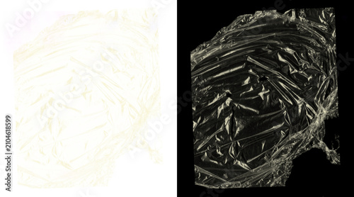 Fotografía Crumpled plastic wrap texture on black background, transparent cling film overla