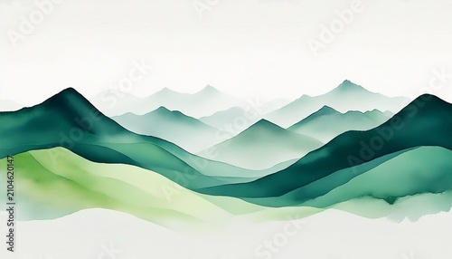abstract minimalist landscape painting with green watercolor mountains fading into a white background soothing and calming image perfect for wall art or as a background for your designs
