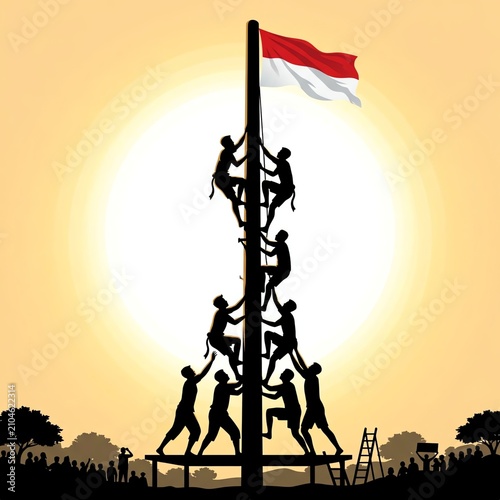 Teamwork Flag Raising Silhouette: Indonesian Flag Waving on Pole at Sunset