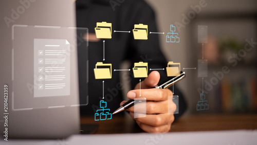 Document controller organizes digital files structured document management, workflow automation, file classification, information architecture, business process mapping, efficient records control.