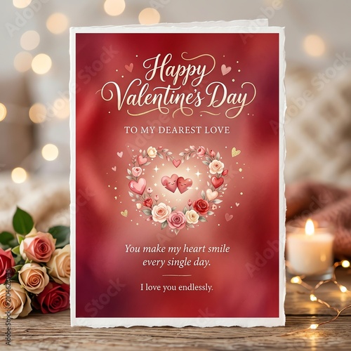 Happy Valentine's Day Card with Roses and Hearts, Romantic Love Greeting