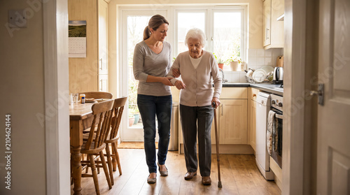 Middle Aged Daughter Helping Elderly Mother Walk Safely at Home