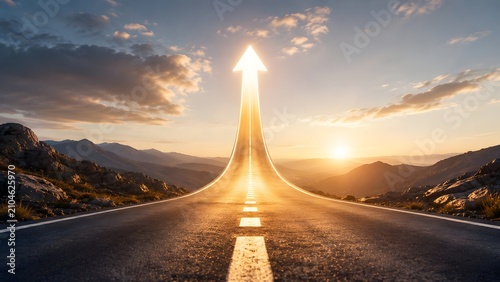 Highway road turning into upward pointing glowing arrow towards sunset sky representing journey to success and business growth
