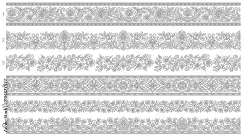 Schilderij op canvas Six intricate ornamental borders with floral, foliate, and geometric patterns for design resources