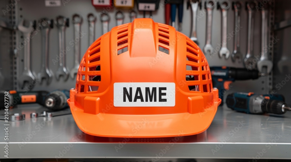 Fototapeta premium Orange construction helmet with name tag on a tool rack