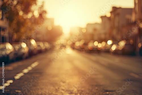 Soft golden light bathes a blurred street with parked cars and buildings