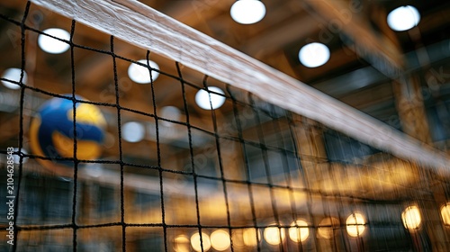 Volleyball in motion, blurred against a net and warm gym lights