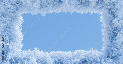 A rectangular frame of delicate ice crystals against a clear blue sky