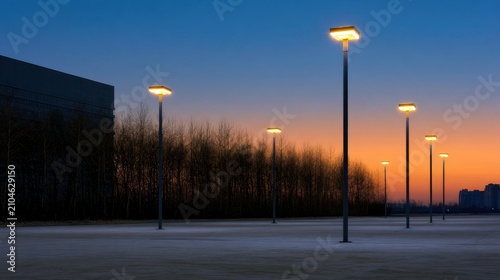 Illuminated path with modern lamps in a twilight urban landscape