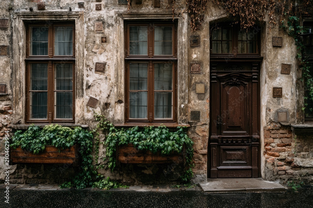 Obraz premium Weathered stone facade with ornate dark wood door, windows, and plant boxes