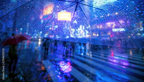 Wet city street under umbrella at night, neon lights reflected