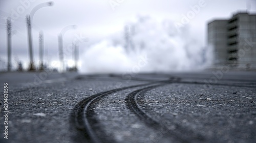 Tire marks on asphalt road lead to smoky, urban building demolition