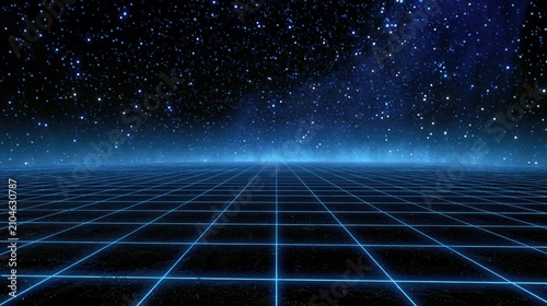 Glowing blue grid stretches to a starry horizon under a dark sky
