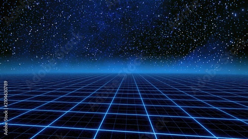Glowing blue grid extends to starry night horizon