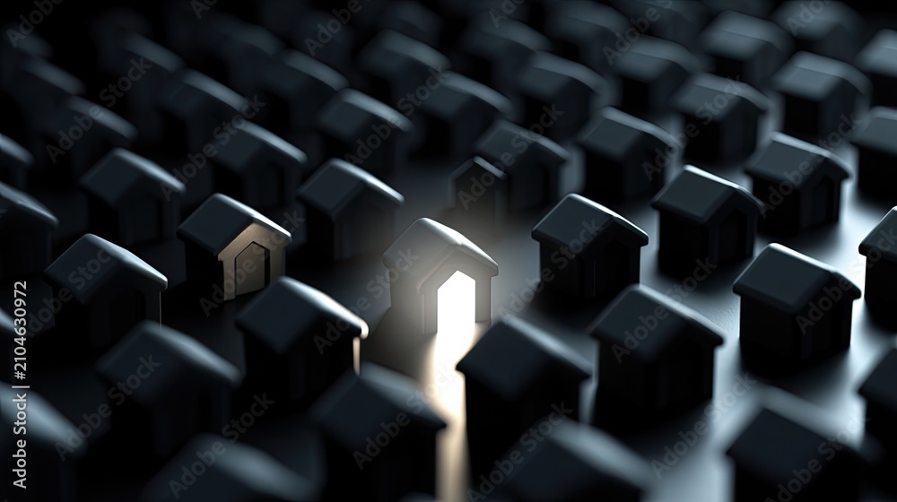Fototapeta premium Row of dark miniature houses with one glowing