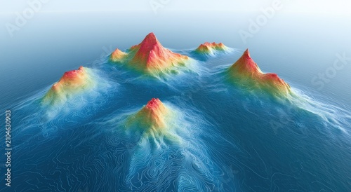 Vibrant, 3D digital terrain rendering of mountainous islands emerging from ocean currents