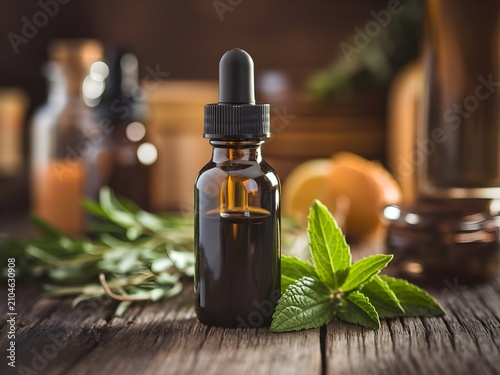 Frasco gotero de vidrio ámbar con aceite esencial concentrado y hojas verdes sobre mesa de madera rústica