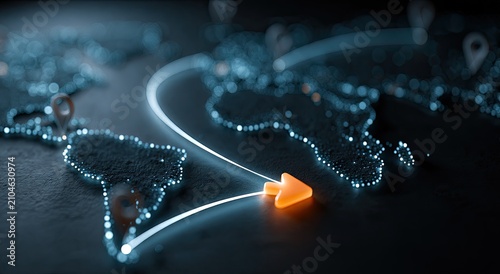 Glowing world map with interconnected light lines, showing travel