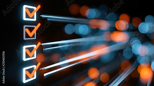 Illuminated checklist with abstract light streaks on dark background